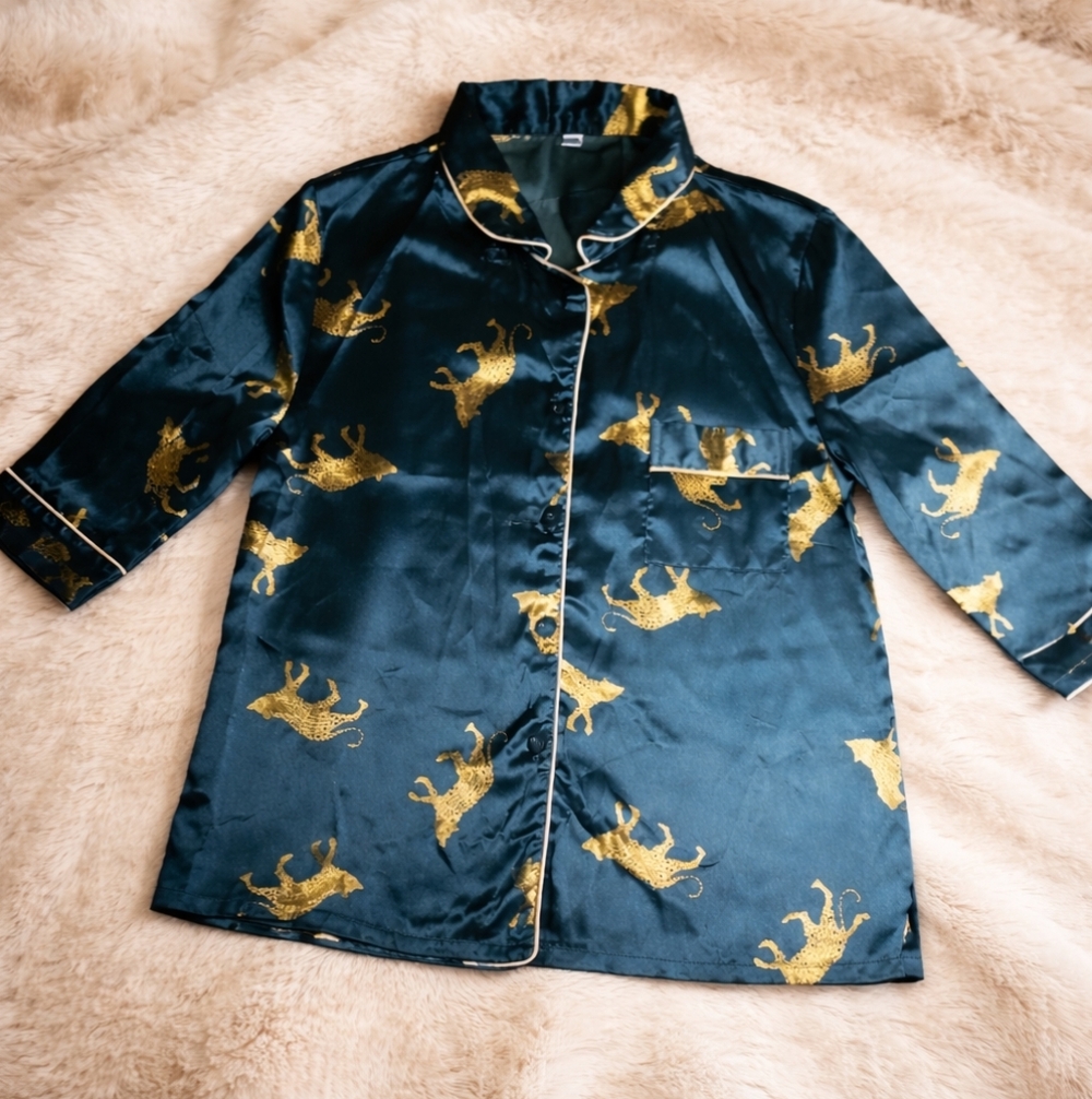 Unbranded Satin Leopard Print Pajama Top • Button-Front • Teal/Gold